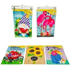 Meadow Creek Sumer Garden Flag 12.5 x 18- 5 NEW Flamingos, Hello Summer, 5 Clock